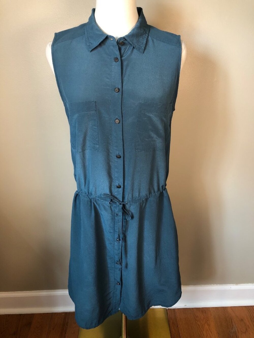 Lou & Grey 100% Silk Sleeveless Button Front Teal Shirt Dress Size S Minimalist